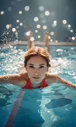a woman wearing red swimsuit in a swimming pool