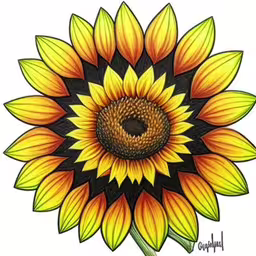 a colorful sunflower on a white background,a drawing of a sunflower with a large black center