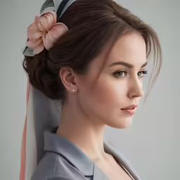 a woman with an updo with a flower in her hair