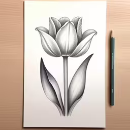 drawing a tulip with colored pencils on top of a white board,the drawing is of a flower with leaves,a pencil drawing of a white flower and some leaves,a drawing on paper of a flower and leaf,a drawing of a flower is shown with a pencil