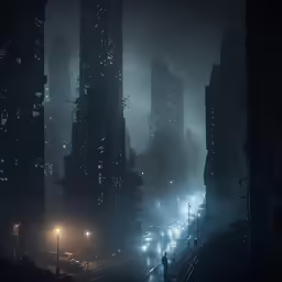 a dark city scene with a foggy night and city lights
