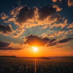 the sun peeking through clouds in a sunset over an open wheat field