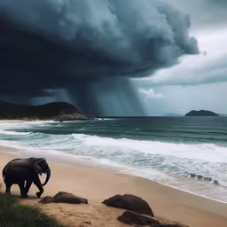 a elephant on a beach looking at the water,a small elephant on a beach with a storm in the distance