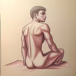 a drawing of a seated young man on paper,a drawing of a man on the ground
