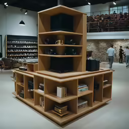 an open bookcase and speakers on display in a building