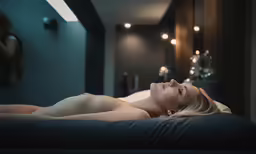 the woman is laying down naked on the bed