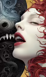 an art piece that looks like a woman with red hair and fangs