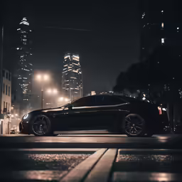 a vehicle parked on the side of a road at night