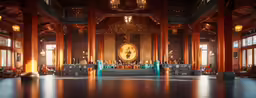 a banquet hall with chairs and tables is decorated in rich colors