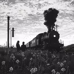 black and white photo of people looking at a train