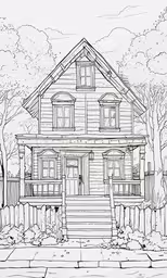 the front elevation of a victorian style home with porches,an outlined house in the suburbs of a neighborhood
