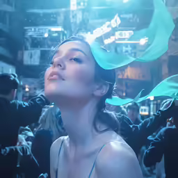 woman with blue dress in crowded city square at night