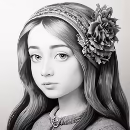 a drawing of a young girl with flowers in her hair