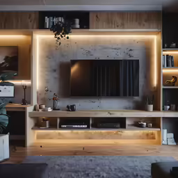 this modern wooden entertainment center is lit up with recessed lighting
