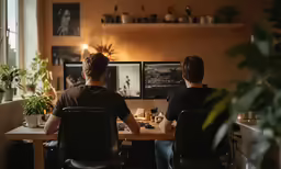 two men are in a darkened office working on their computer