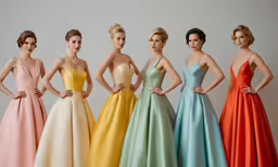 six beautiful women posing in long evening dresses