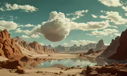 a landscape with rocky hills and a lake