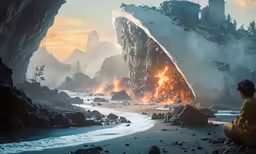 the person is sitting on rocks and watching something