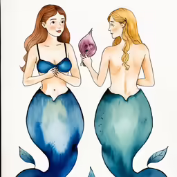 watercolor drawing of two mermaids facing each other