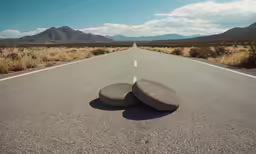 two round rocks sitting in the middle of a road