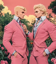 there are two man standing together in front of flowers,two male models posing with flowers and a pink sky