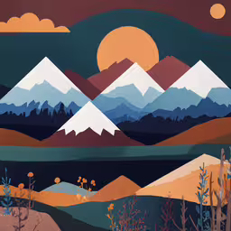 this is a painting of mountains and sunset,an image of a painting with mountain scenery
