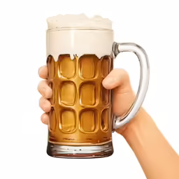 hand holding a mug of beer over white background