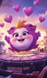 a purple bird in the middle of some hearts