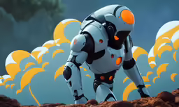 a robot is standing on a rocky surface