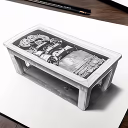 a drawing of a table that has soda bottles on it