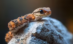 a brown and black gecko is perched on a rock