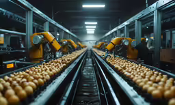 an assembly line at a factory with rows of yellow objects
