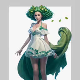 the beautiful woman is dressed in green and white