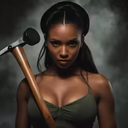 the woman in the tank top has a large hammer