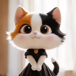 an adorable doll that has a black dress with yellow stripes on it and brown eyes