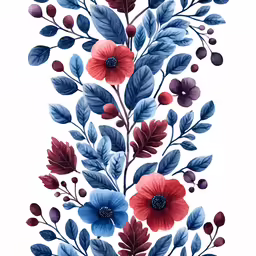 the flowers and leaves are blue, red and white