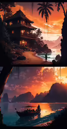 two images one of a beach and the other of a tropical sunset