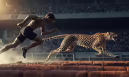 a man running behind a leopard in an arena