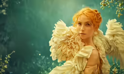 an artisticly colored photo of a woman with large white wings