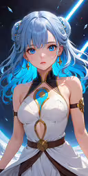 an anime girl with blue hair, wearing white dress and gold accessories