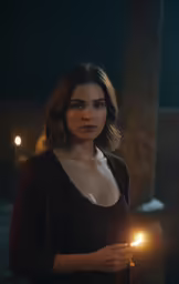 a woman standing in the dark holding a lit candle