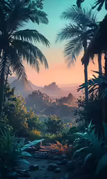the sun is setting on the jungle with palm trees and animals