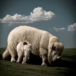 the mother and child are eating grass with their offspring
