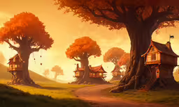 a group of houses on trees by a road,the village with many houses in the trees