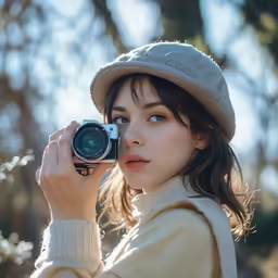 a girl wearing a hat holding a camera