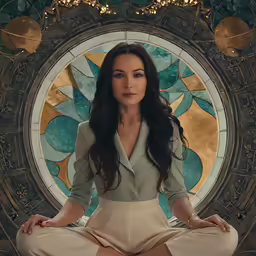 woman in long dress sitting cross - legged while staring in a circular window