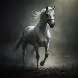 a horse in a dark background with dust