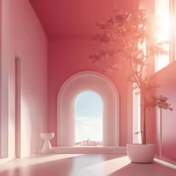 a bright room with a pink wall and window