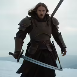 a man in armor holds two swords on a mountain