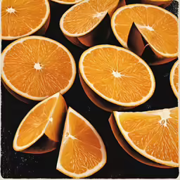 many sliced oranges sitting in a pile on top of a black surface